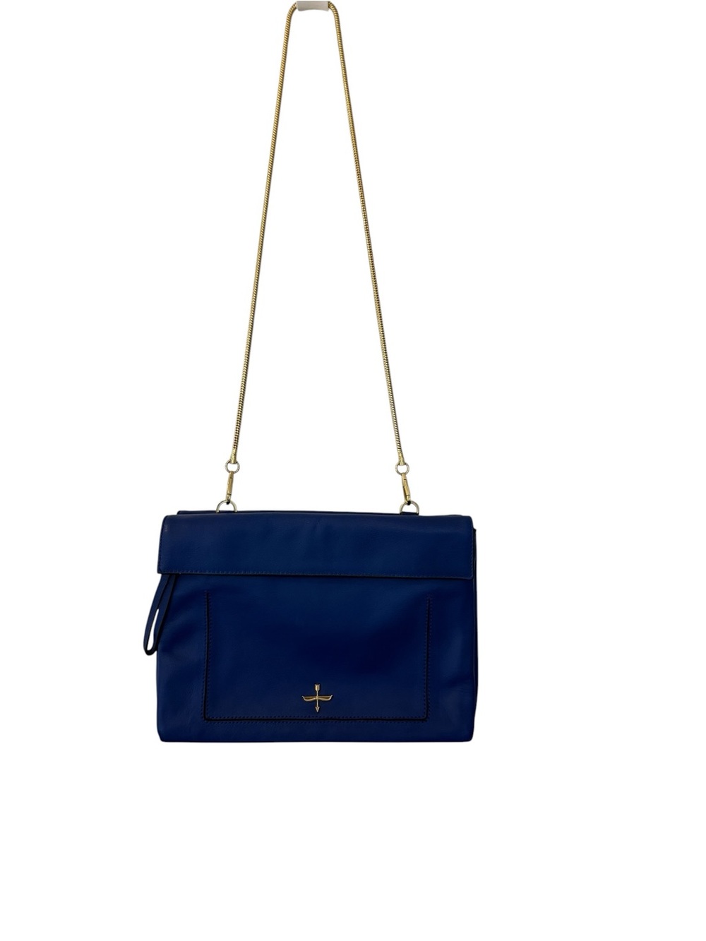 Pour La Victoire Cobalt Blue Leather Foldover Crossbody Clutch | Gold Chain